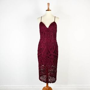 Bardot Gia burgundy red lace embroidered mesh cocktail midi dress size 10